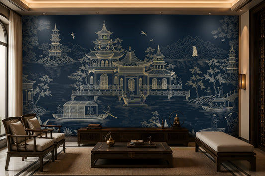 1433_DA_Imperial Garden Retreat Wallpaper, Deep Navy, Wall Mural.