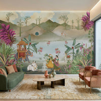 1352_DA Divine Vrindavan: Krishna Leela Abstract Pichwai Mural in sage green