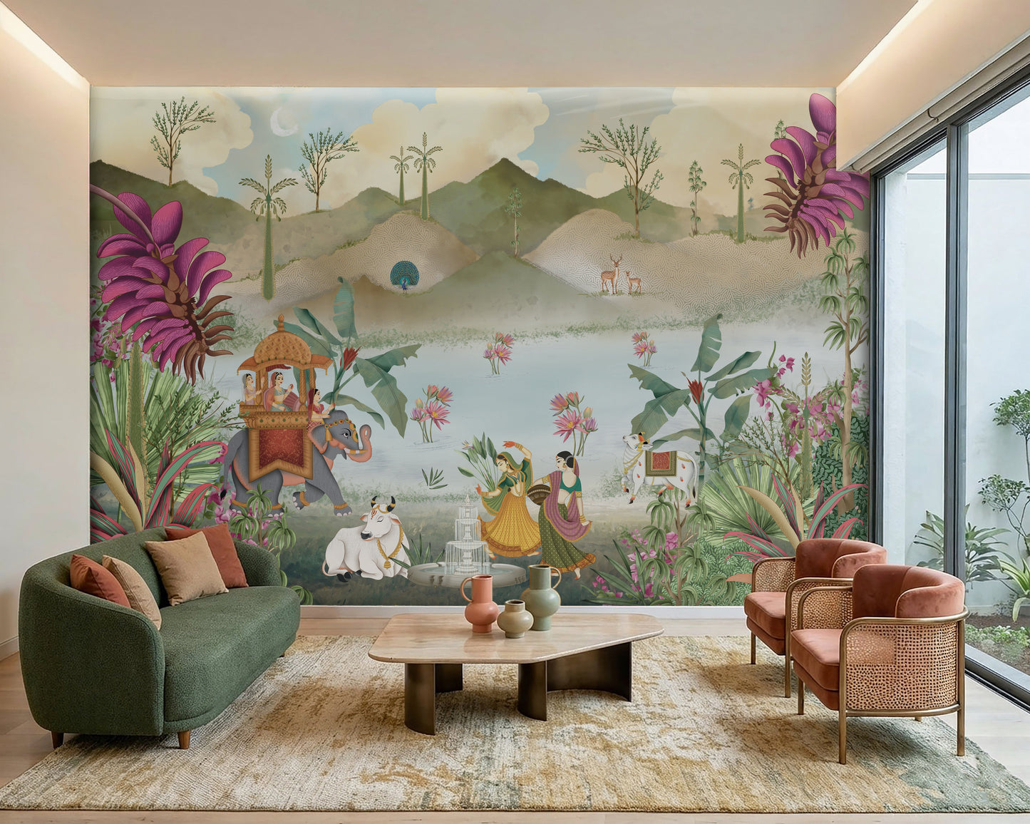 1352_DA Divine Vrindavan: Krishna Leela Abstract Pichwai Mural in sage green