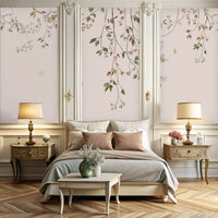Dusted peach floral mural wallpaper with luxe botanical pattern in contemporary bedroom.