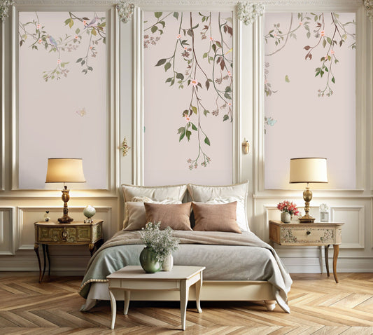 Dusted peach floral mural wallpaper with luxe botanical pattern in contemporary bedroom.