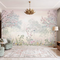 1558_DA Blossom Reverie – Pastel Floral Landscape Wallpaper, Willow Green