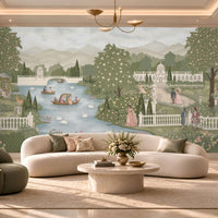 Dutche’s Lake – Powder Blue scenic wallpaper mural featuring a serene lake, elegant European palace, white swans, romantic boats, lush sage green gardens, and delicate blush pink florals in a luxurious pastel landscape. 