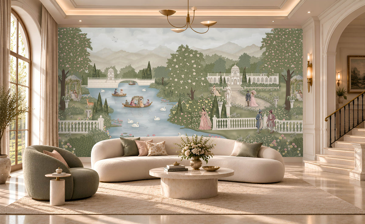 Dutche’s Lake – Powder Blue scenic wallpaper mural featuring a serene lake, elegant European palace, white swans, romantic boats, lush sage green gardens, and delicate blush pink florals in a luxurious pastel landscape. 