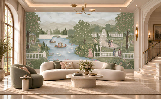 Dutche’s Lake – Powder Blue scenic wallpaper mural featuring a serene lake, elegant European palace, white swans, romantic boats, lush sage green gardens, and delicate blush pink florals in a luxurious pastel landscape. 