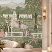 Dutche’s Lake – Powder Blue scenic wallpaper mural featuring a serene lake, elegant European palace, white swans, romantic boats, lush sage green gardens, and delicate blush pink florals in a luxurious pastel landscape.