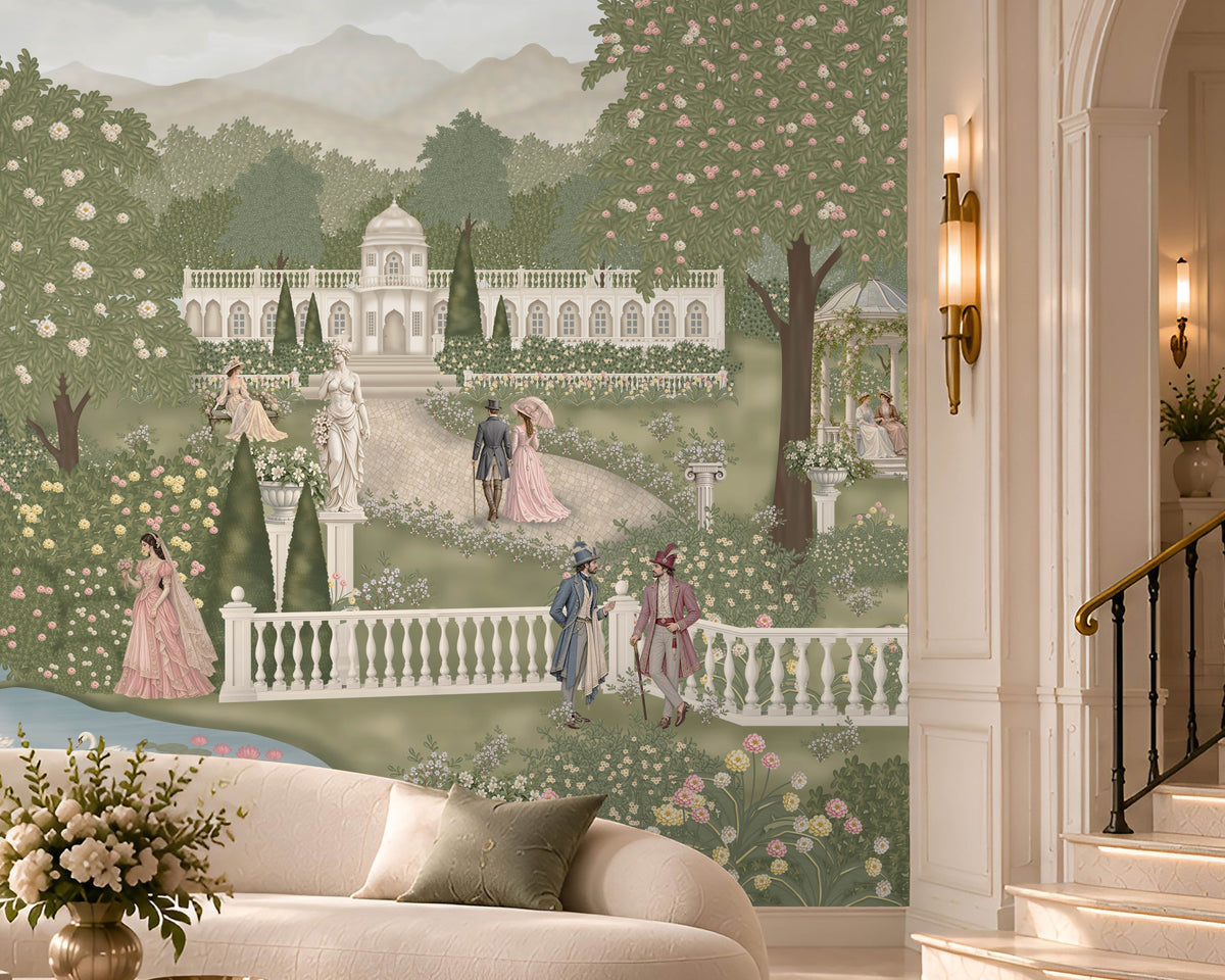 Dutche’s Lake – Powder Blue scenic wallpaper mural featuring a serene lake, elegant European palace, white swans, romantic boats, lush sage green gardens, and delicate blush pink florals in a luxurious pastel landscape.