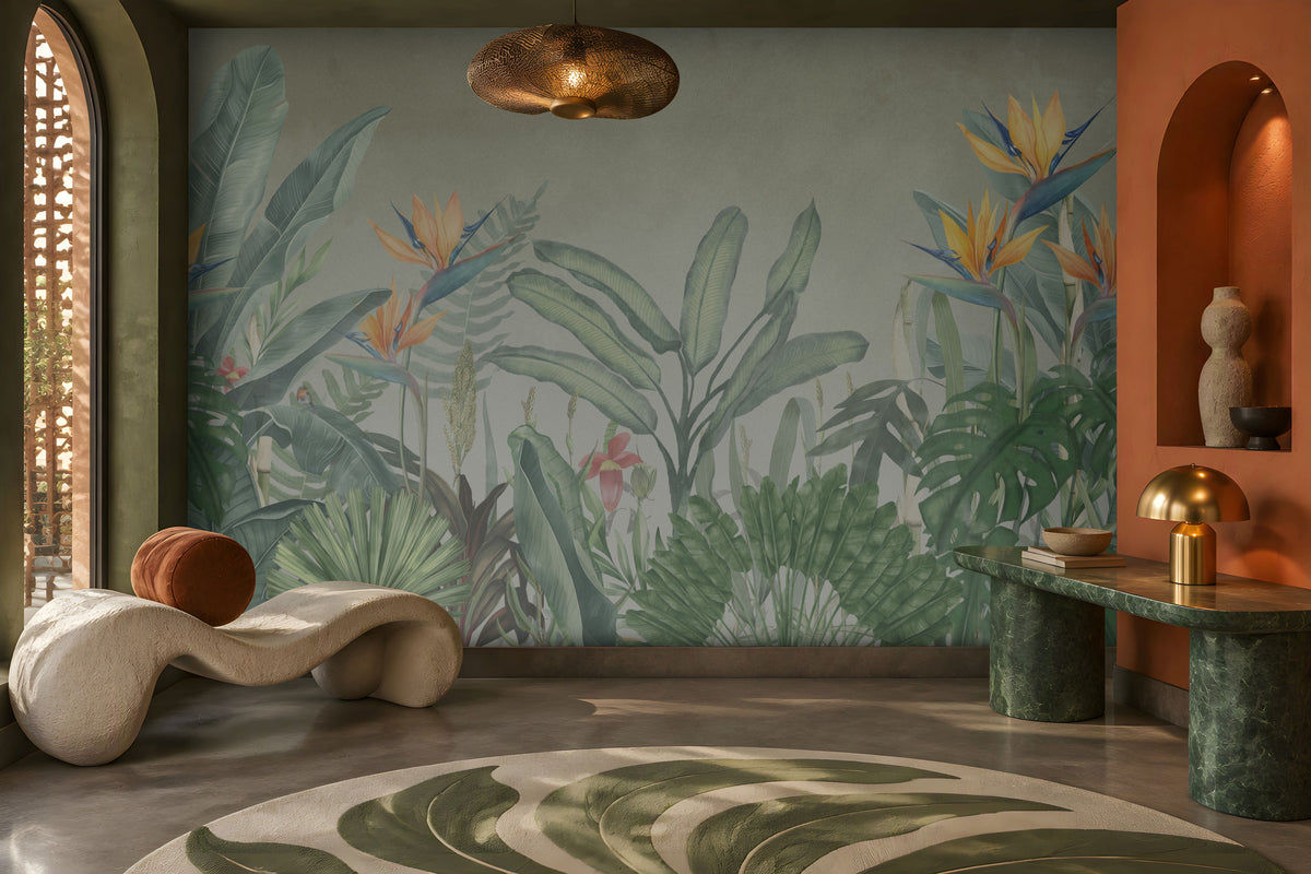 Earthy Tropical Oasis - Misty Sage Grey botanical wallpaper featuring lush tropical foliage, oversized bird-of-paradise flowers in soft orange, coral, and muted blue tones, and layered olive green leaves against a soothing misty sage grey background. This elegant botanical design brings together subtle grey-green undertones and vibrant tropical elements, creating a balanced, nature-inspired aesthetic. Perfect for enhancing living rooms, bedrooms, dining areas, and stylish contemporary interiors