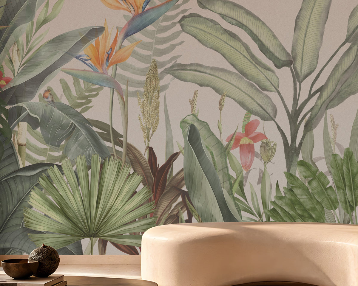 Earthy Tropical Oasis - Warm Ivory Pink botanical wallpaper featuring lush tropical leaves, elegant bird-of-paradise flowers in soft yellow, orange, and muted blue, and layered olive green foliage against a warm ivory pink background. Displayed in a sophisticated contemporary lounge with a sculptural cream sofa, natural stone finishes, a dark wooden coffee table, and warm ambient lighting, this elegant tropical wallpaper adds a soft, earthy charm and a serene, nature-inspired atmosphere to modern 