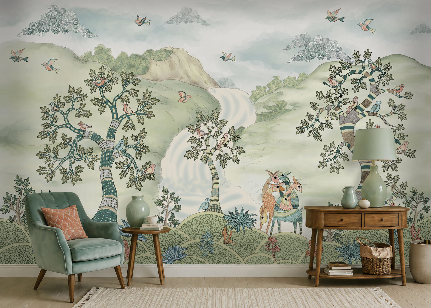 Pastel woodland wall mural featuring hand-painted sage green trees, birds in flight, and deer in a serene forest landscape, styled in a cozy living room with a green armchair and wooden console table.