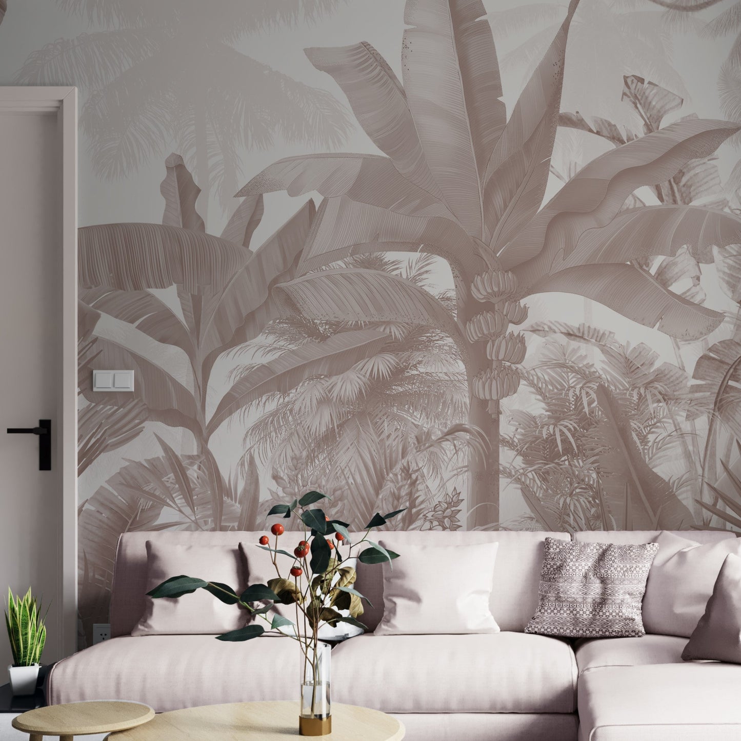 A high-resolution detail of the Enchanted Tropics Dusty Rose Tropical Wallpaper, showcasing the intricate illustrative linework of the banana fruit clusters and the layered, semi-translucent textures of the large tropical leaves. The image highlights the refined tonal transitions between muted rose, smoky charcoal, and warm ivory that define this nature-inspired mural.