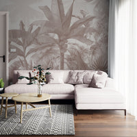 An architectural perspective of a contemporary luxury space featuring the Enchanted Tropics Exotic Jungle Mural as a full-scale feature wall. The mural’s misty, receding landscape creates a sense of infinite horizon and calm, perfectly complementing minimalist furniture, warm metallic accents, and soft, neutral upholstery.