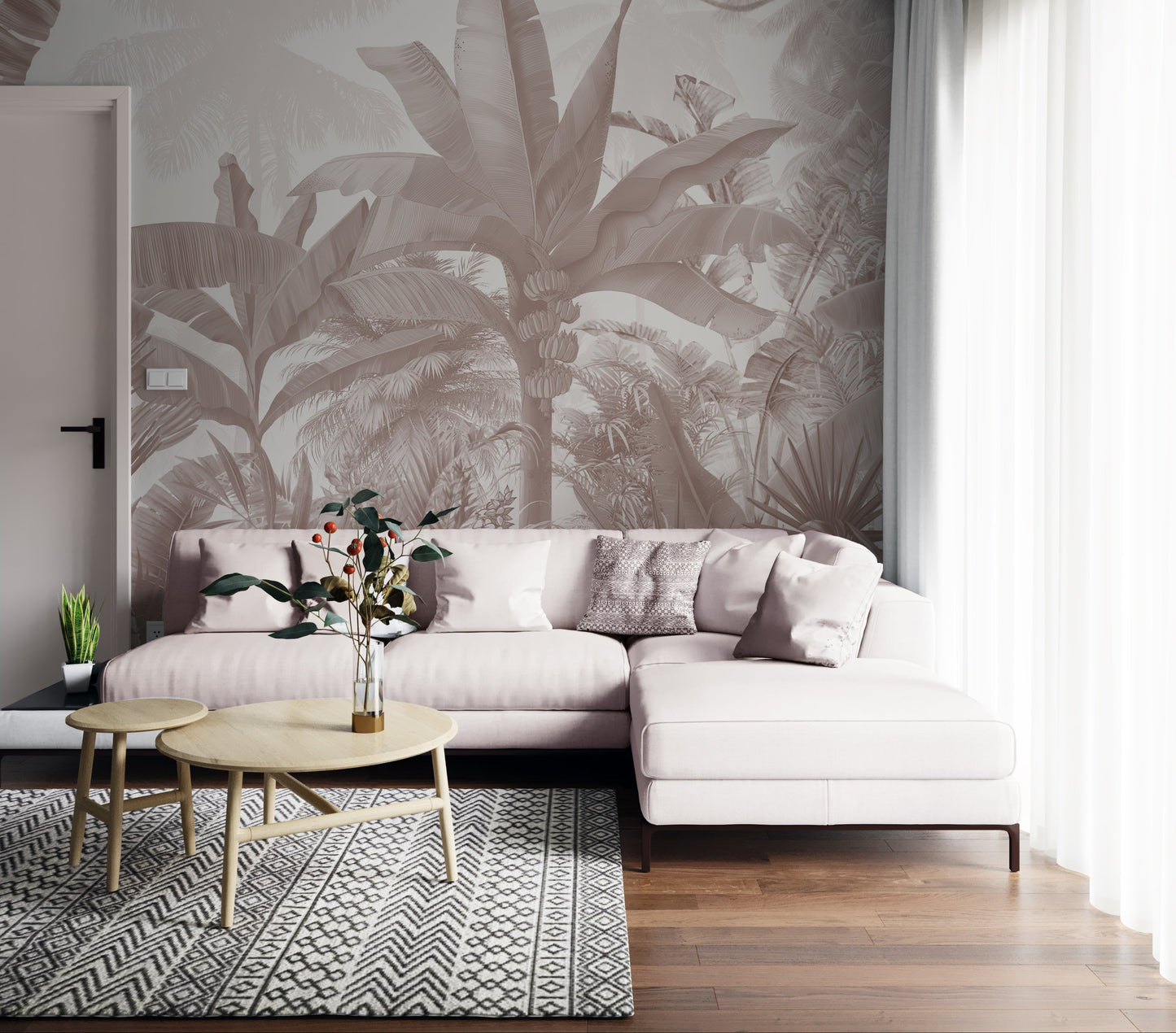 An architectural perspective of a contemporary luxury space featuring the Enchanted Tropics Exotic Jungle Mural as a full-scale feature wall. The mural’s misty, receding landscape creates a sense of infinite horizon and calm, perfectly complementing minimalist furniture, warm metallic accents, and soft, neutral upholstery.