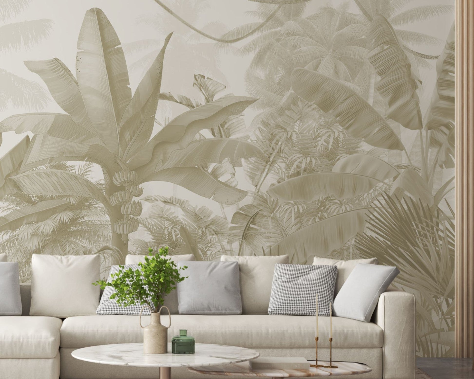 A high-resolution detail of the Enchanted Tropics Tropical Wallpaper, showcasing the intricate, illustrative linework of the banana fruit clusters and the fine textures of the towering palm fronds. The image highlights the gentle tonal transitions between sand beige, muted taupe, and soft slate grey that define this exotic jungle mural.