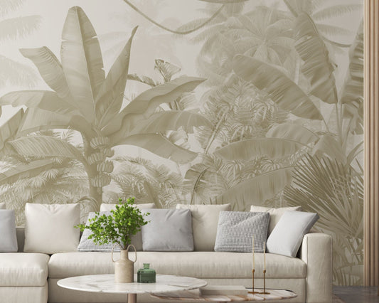 A high-resolution detail of the Enchanted Tropics Tropical Wallpaper, showcasing the intricate, illustrative linework of the banana fruit clusters and the fine textures of the towering palm fronds. The image highlights the gentle tonal transitions between sand beige, muted taupe, and soft slate grey that define this exotic jungle mural.
