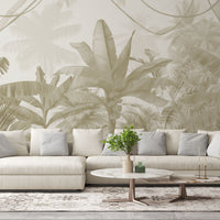 An architectural perspective of a contemporary lounge featuring the Enchanted Tropics Exotic Jungle Mural as a full-scale feature wall. The mural’s layered composition and misty background create a sense of infinite horizon, pairing elegantly with natural stone flooring, minimalist furniture, and warm ambient lighting.