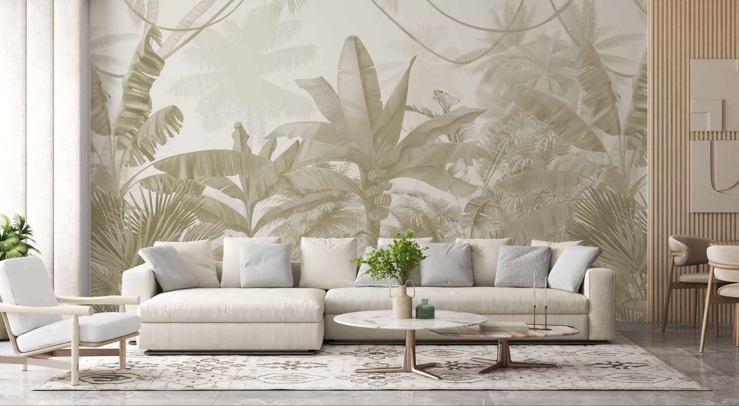 An architectural perspective of a contemporary lounge featuring the Enchanted Tropics Exotic Jungle Mural as a full-scale feature wall. The mural’s layered composition and misty background create a sense of infinite horizon, pairing elegantly with natural stone flooring, minimalist furniture, and warm ambient lighting.