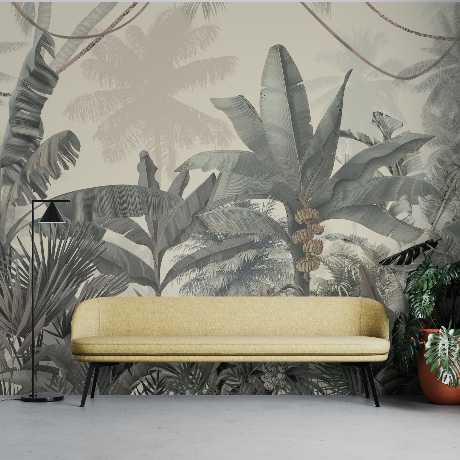 An architectural perspective of a contemporary lounge featuring the Enchanted Tropics Exotic Jungle Mural as a full-scale feature wall behind a minimalist yellow sofa. The mural’s layered composition and misty background create a sense of infinite horizon, pairing elegantly with natural stone flooring, indoor monsteras, and modern lighting.