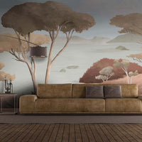 An architectural perspective of a contemporary living area featuring the Ethereal Landscapes Mural in Cashmere Clay as a full-scale feature wall. The mural’s wide-angle scenic view pairs elegantly with linen upholstery and organic wood decor, creating a peaceful and cultured interior sanctuary.