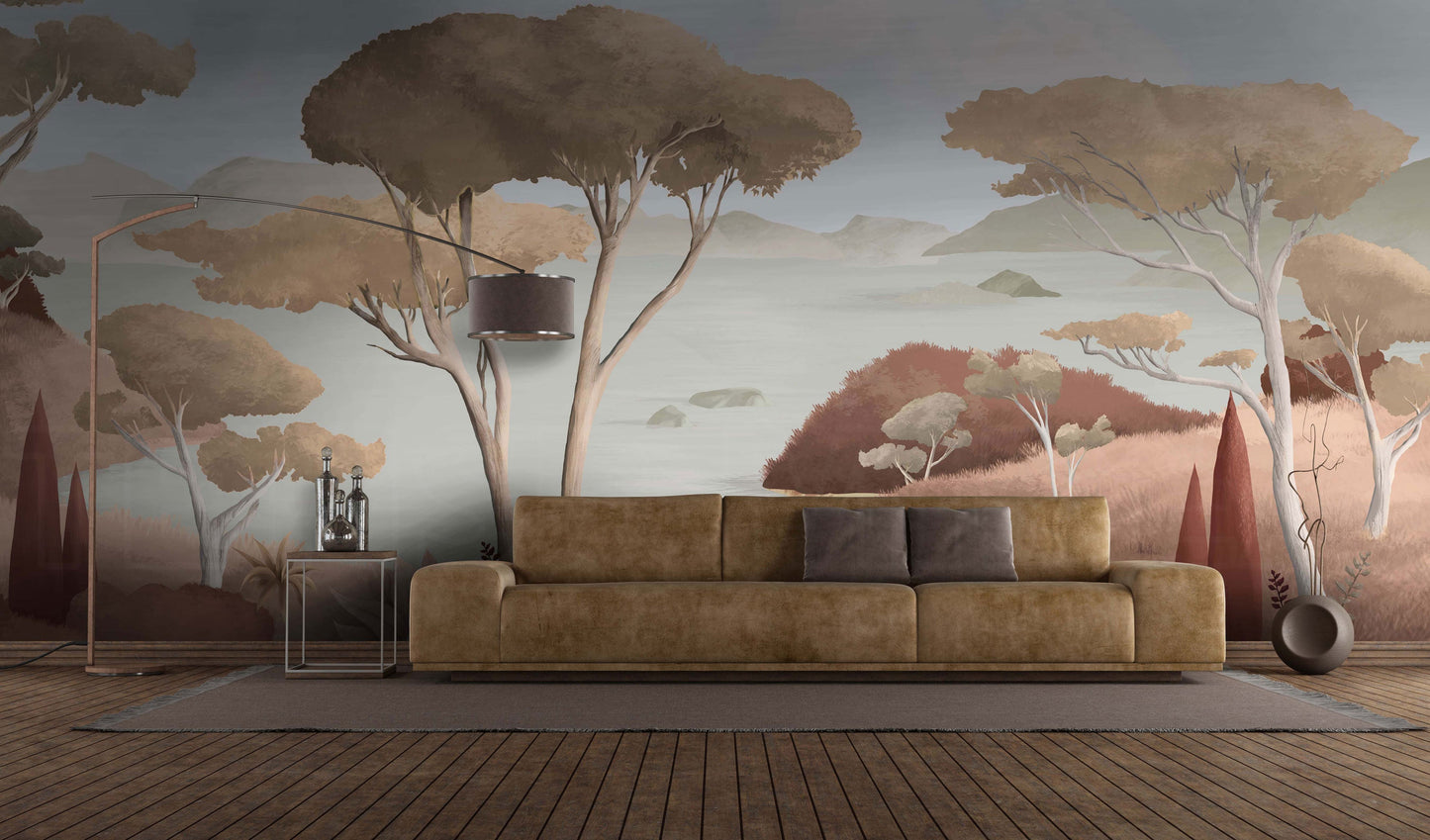 An architectural perspective of a contemporary living area featuring the Ethereal Landscapes Mural in Cashmere Clay as a full-scale feature wall. The mural’s wide-angle scenic view pairs elegantly with linen upholstery and organic wood decor, creating a peaceful and cultured interior sanctuary.
