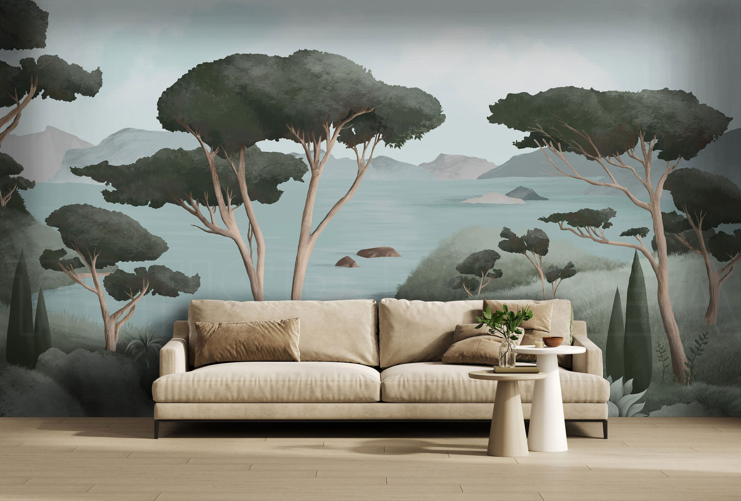 An architectural perspective of a contemporary living area featuring the Ethereal Landscapes Mural in Charcoal Green as a full-scale feature wall behind a minimalist beige sofa. The mural’s wide-angle scenic view pairs elegantly with light wood flooring and organic decor, creating a peaceful and cultured interior sanctuary.