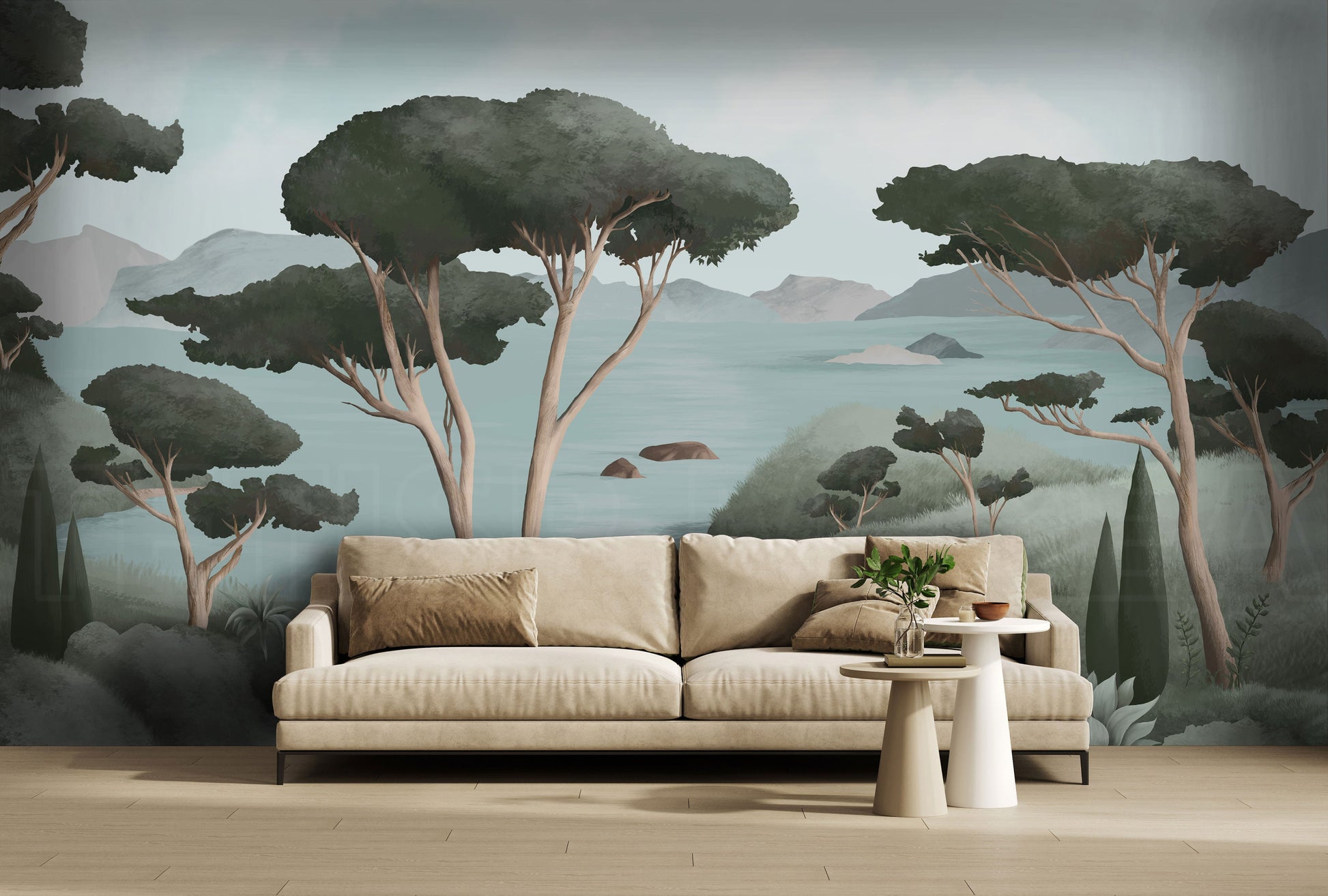 An architectural perspective of a contemporary living area featuring the Ethereal Landscapes Mural in Charcoal Green as a full-scale feature wall behind a minimalist beige sofa. The mural’s wide-angle scenic view pairs elegantly with light wood flooring and organic decor, creating a peaceful and cultured interior sanctuary.