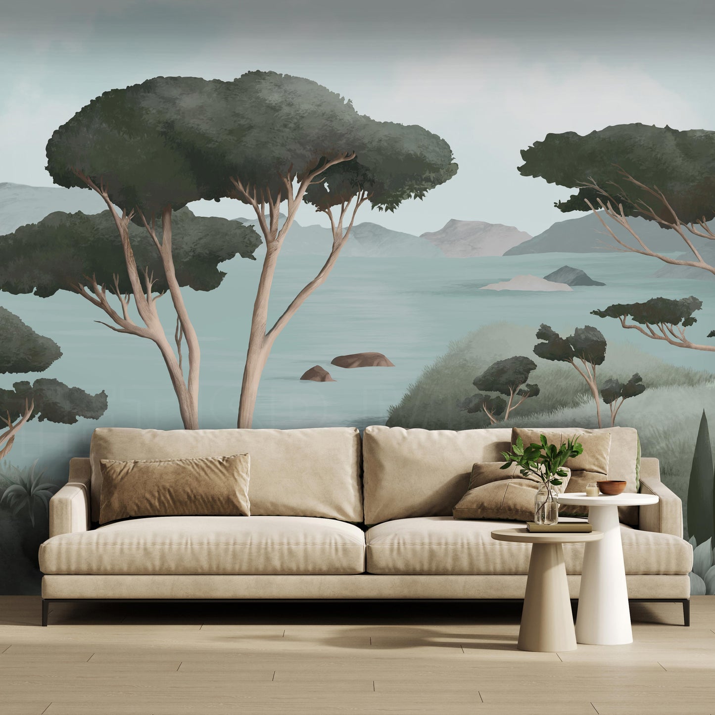 An architectural perspective of a contemporary living area featuring the Ethereal Landscapes Mural in Charcoal Green as a full-scale feature wall behind a minimalist beige sofa. The mural’s wide-angle scenic view pairs elegantly with light wood flooring and organic decor, creating a peaceful and cultured interior sanctuary.