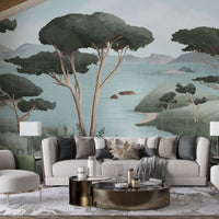 An architectural perspective of a contemporary living area featuring the Ethereal Landscapes Mural in Charcoal Green as a full-scale feature wall behind a minimalist beige sofa. The mural’s wide-angle scenic view pairs elegantly with light wood flooring and organic decor, creating a peaceful and cultured interior sanctuary.