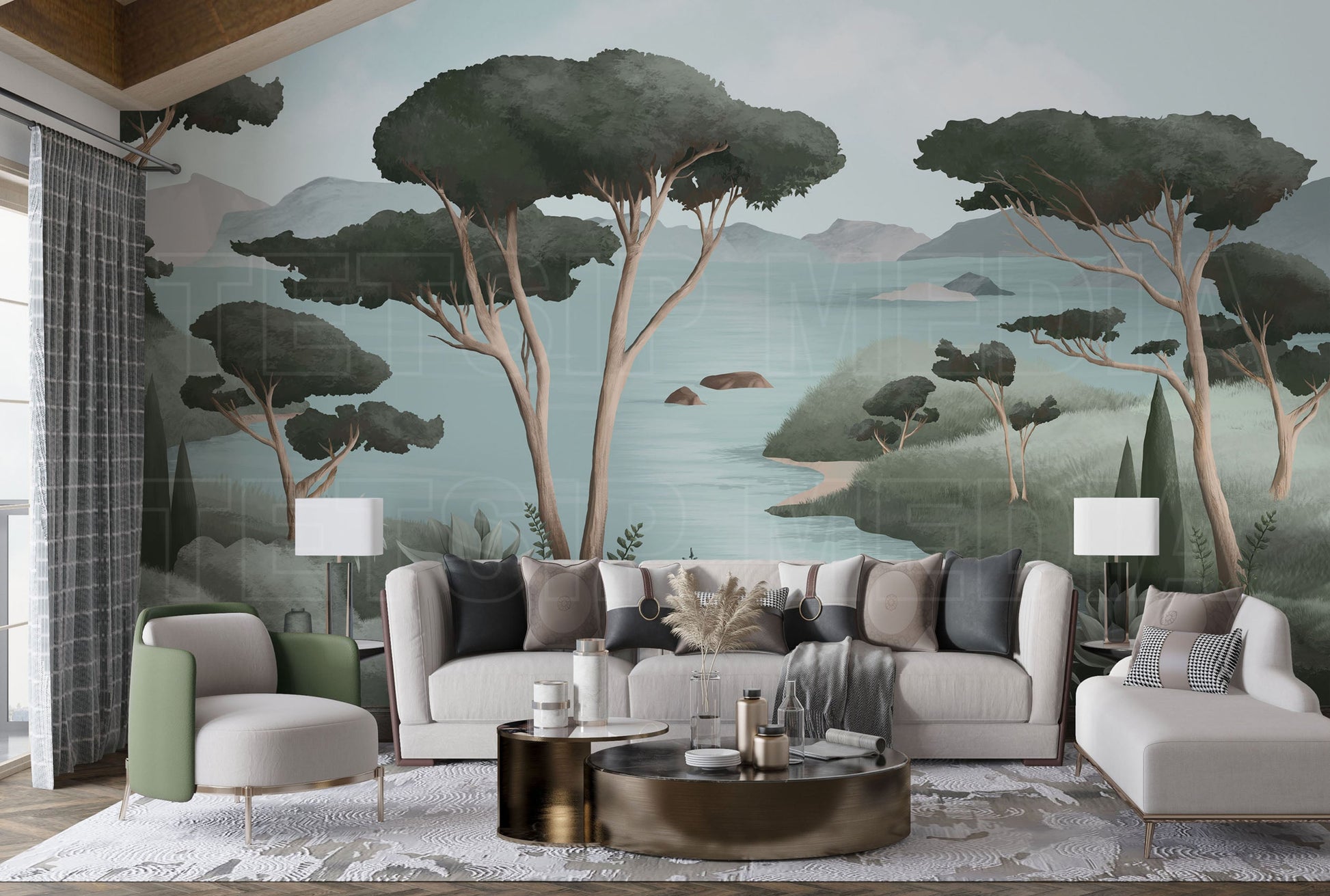 An architectural perspective of a contemporary living area featuring the Ethereal Landscapes Mural in Charcoal Green as a full-scale feature wall behind a minimalist beige sofa. The mural’s wide-angle scenic view pairs elegantly with light wood flooring and organic decor, creating a peaceful and cultured interior sanctuary.