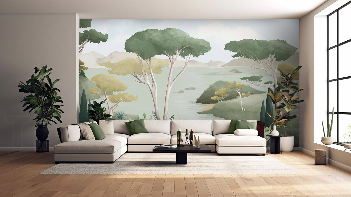 An architectural perspective of a contemporary living area featuring the Ethereal Landscapes Mural in Willow Green as a full-scale feature wall. The mural’s wide-angle scenic view pairs elegantly with light wood flooring and organic decor, creating a peaceful and cultured interior sanctuary.