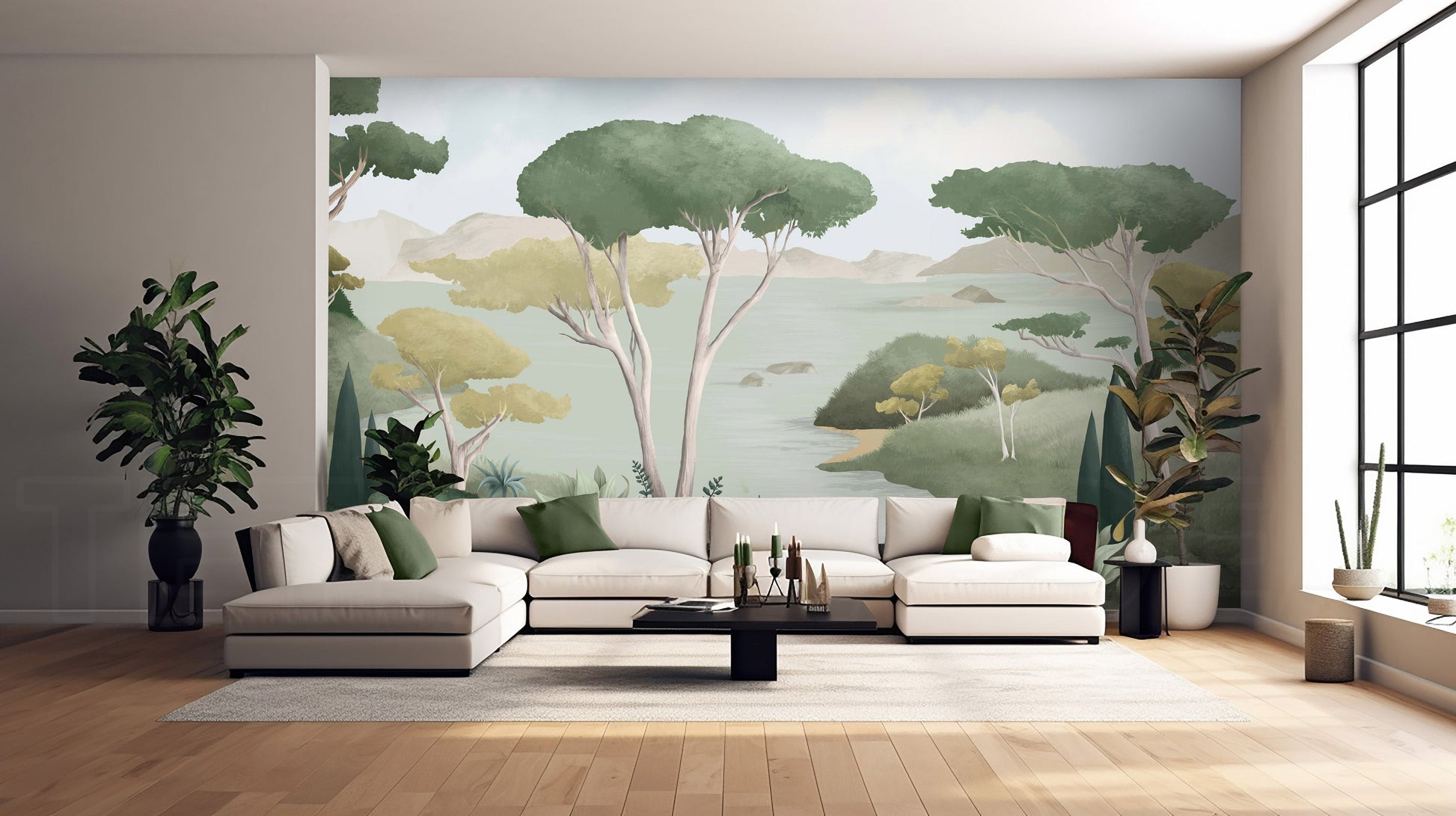 An architectural perspective of a contemporary living area featuring the Ethereal Landscapes Mural in Willow Green as a full-scale feature wall. The mural’s wide-angle scenic view pairs elegantly with light wood flooring and organic decor, creating a peaceful and cultured interior sanctuary.