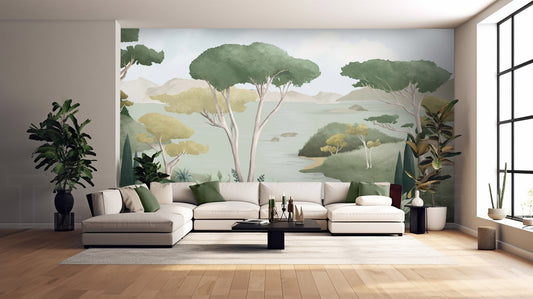 An architectural perspective of a contemporary living area featuring the Ethereal Landscapes Mural in Willow Green as a full-scale feature wall. The mural’s wide-angle scenic view pairs elegantly with light wood flooring and organic decor, creating a peaceful and cultured interior sanctuary.