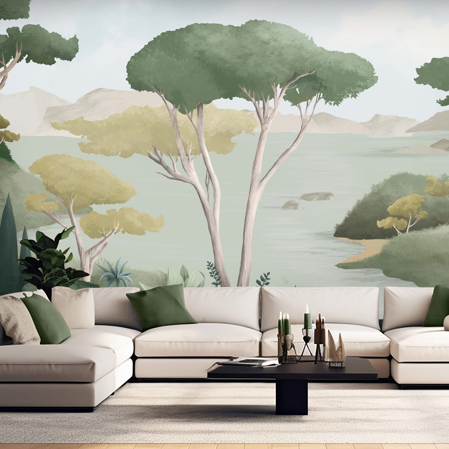 An architectural perspective of a contemporary living area featuring the Ethereal Landscapes Mural in Willow Green as a full-scale feature wall. The mural’s wide-angle scenic view pairs elegantly with light wood flooring and organic decor, creating a peaceful and cultured interior sanctuary.