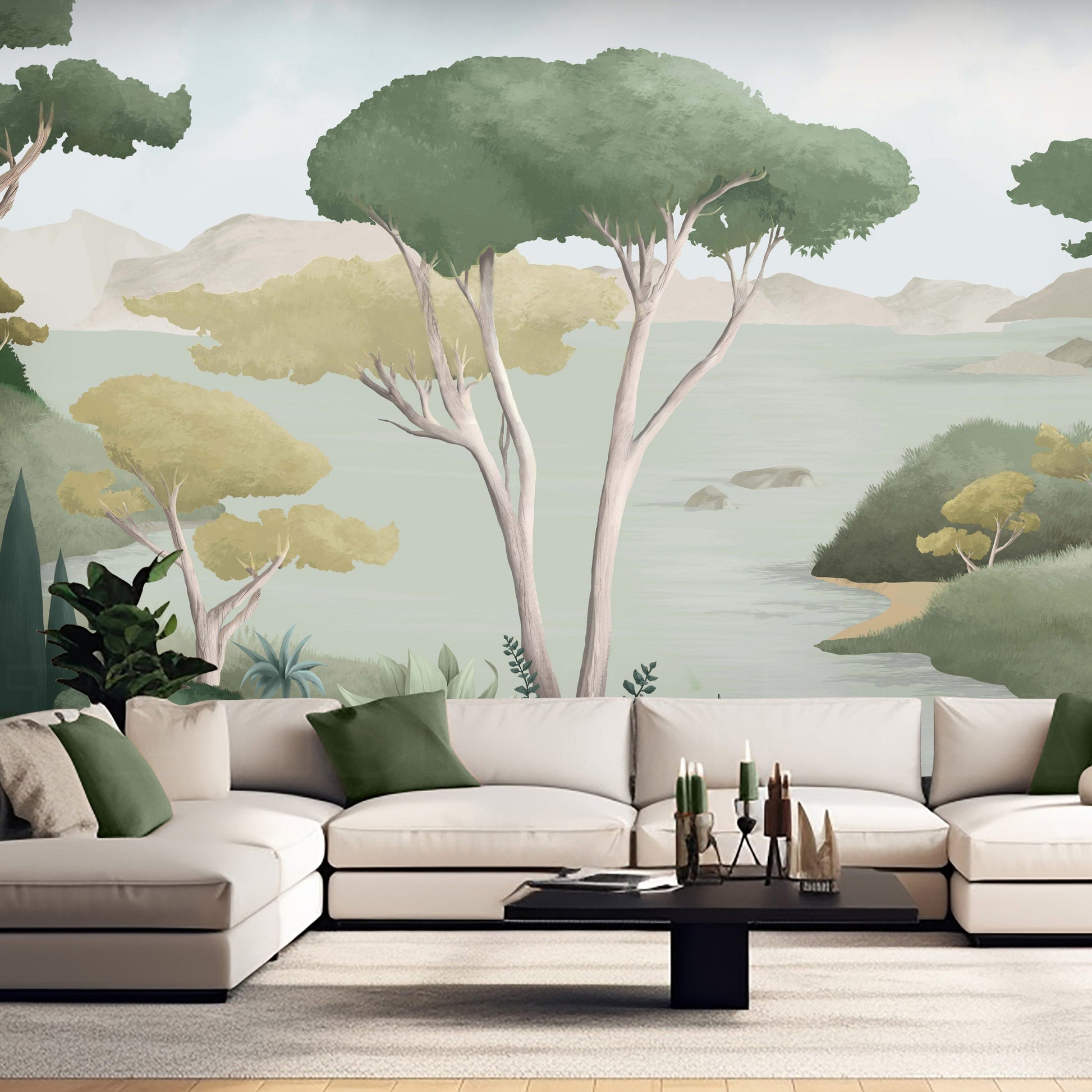 An architectural perspective of a contemporary living area featuring the Ethereal Landscapes Mural in Willow Green as a full-scale feature wall. The mural’s wide-angle scenic view pairs elegantly with light wood flooring and organic decor, creating a peaceful and cultured interior sanctuary.