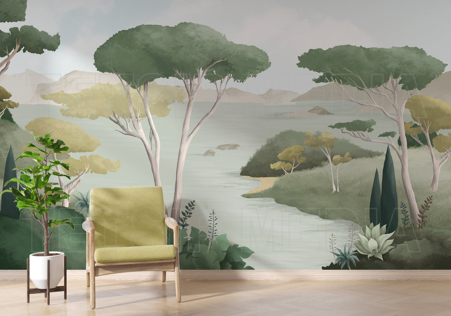 An architectural perspective of a contemporary living area featuring the Ethereal Landscapes Mural in Willow Green as a full-scale feature wall. The mural’s wide-angle scenic view pairs elegantly with light wood flooring and organic decor, creating a peaceful and cultured interior sanctuary.