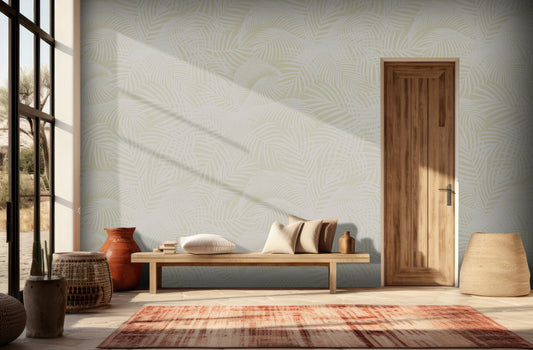 An architectural perspective of a sunlit Mediterranean-style entryway featuring the Exotic Foliage Mural in Graphite Yellow as a full-scale feature wall. The mural’s bright citrus tones pair beautifully with natural wood doors, terracotta accents, and woven textures, creating a welcoming and sophisticated interior sanctuary.