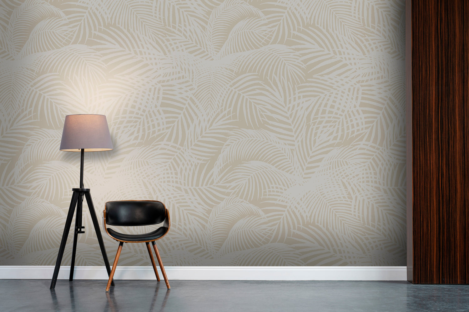 An architectural perspective of a contemporary, sunlit living area featuring the Exotic Foliage Mural as a full-scale feature wall. The mural’s neutral earth tones pair beautifully with walnut furniture, cream textiles, and bronze accents, creating a serene and cultured interior sanctuary.