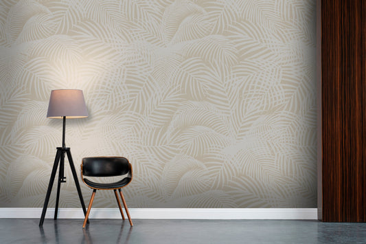 An architectural perspective of a contemporary, sunlit living area featuring the Exotic Foliage Mural as a full-scale feature wall. The mural’s neutral earth tones pair beautifully with walnut furniture, cream textiles, and bronze accents, creating a serene and cultured interior sanctuary.