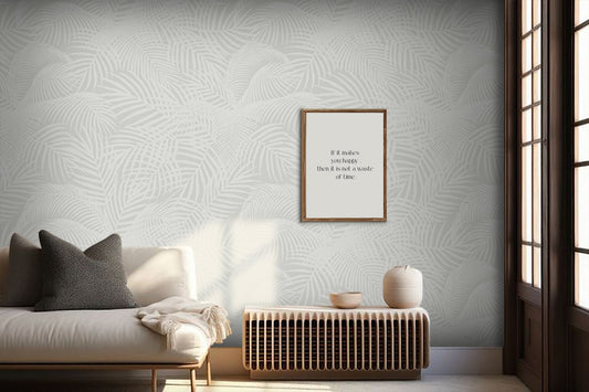 An architectural perspective of a sun-drenched reading nook featuring the Exotic Foliage Mural as a full-scale feature wall. The mural’s cool, airy tones pair elegantly with light oak furniture, a woven jute rug, and minimalist décor, creating a peaceful and cultured interior sanctuary.
