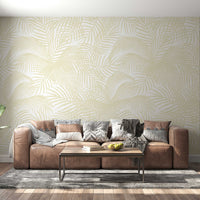 An architectural perspective of a minimalist, sunlit living area featuring the Exotic Foliage Mural as a full-scale feature wall. The mural’s neutral, monochromatic white tones pair beautifully with light oak furniture, linen textiles, and soft ambient light, creating a serene and sophisticated interior sanctuary.