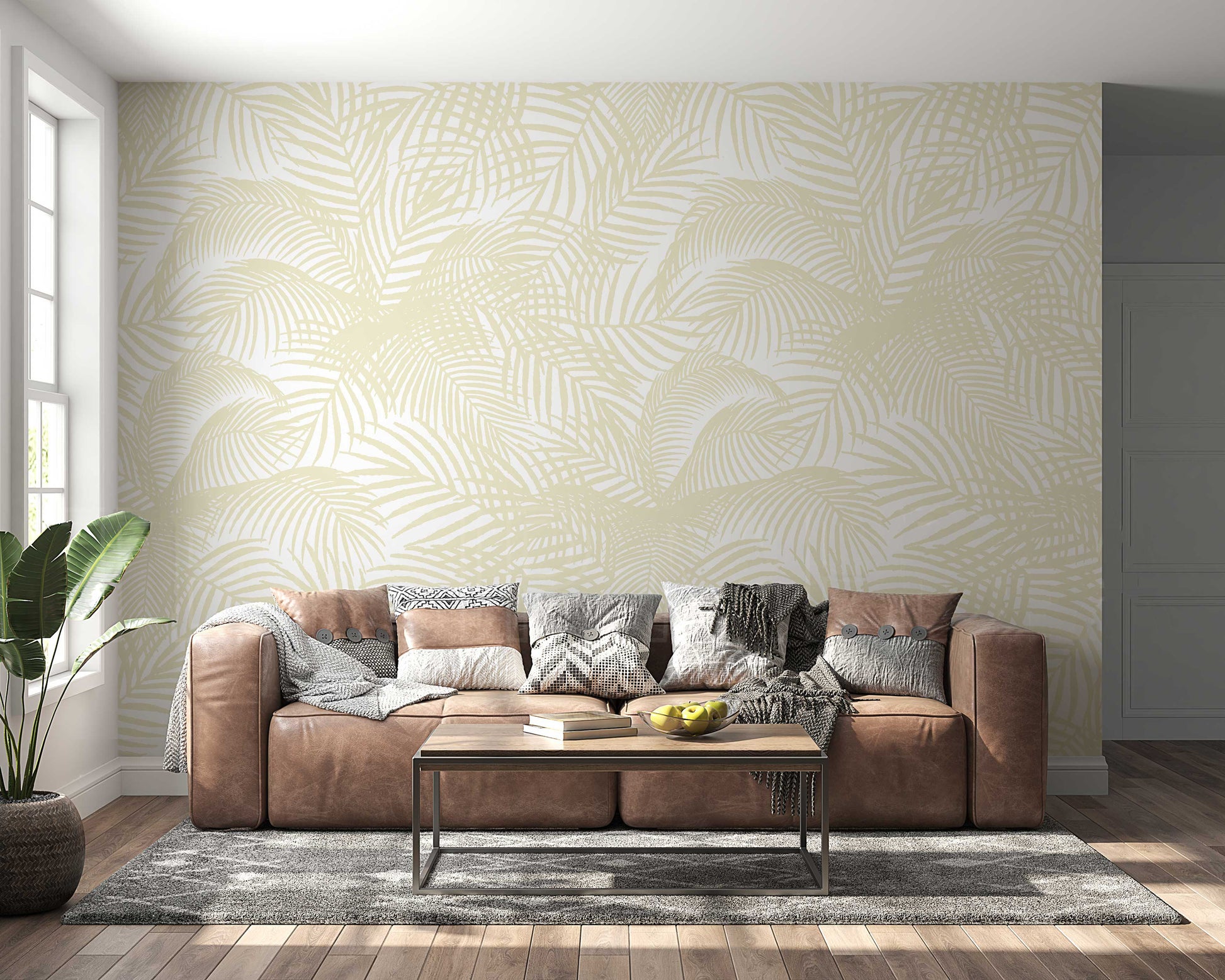 An architectural perspective of a minimalist, sunlit living area featuring the Exotic Foliage Mural as a full-scale feature wall. The mural’s neutral, monochromatic white tones pair beautifully with light oak furniture, linen textiles, and soft ambient light, creating a serene and sophisticated interior sanctuary.