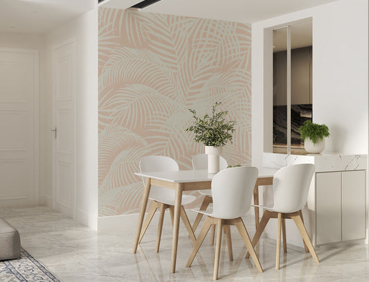 An architectural perspective of a contemporary, sunlit living area featuring the Exotic Foliage Mural as a full-scale feature wall. The mural’s warm peach tones pair beautifully with light oak furniture, brass accents, and neutral linen upholstery, creating a cozy and cultured interior sanctuary.