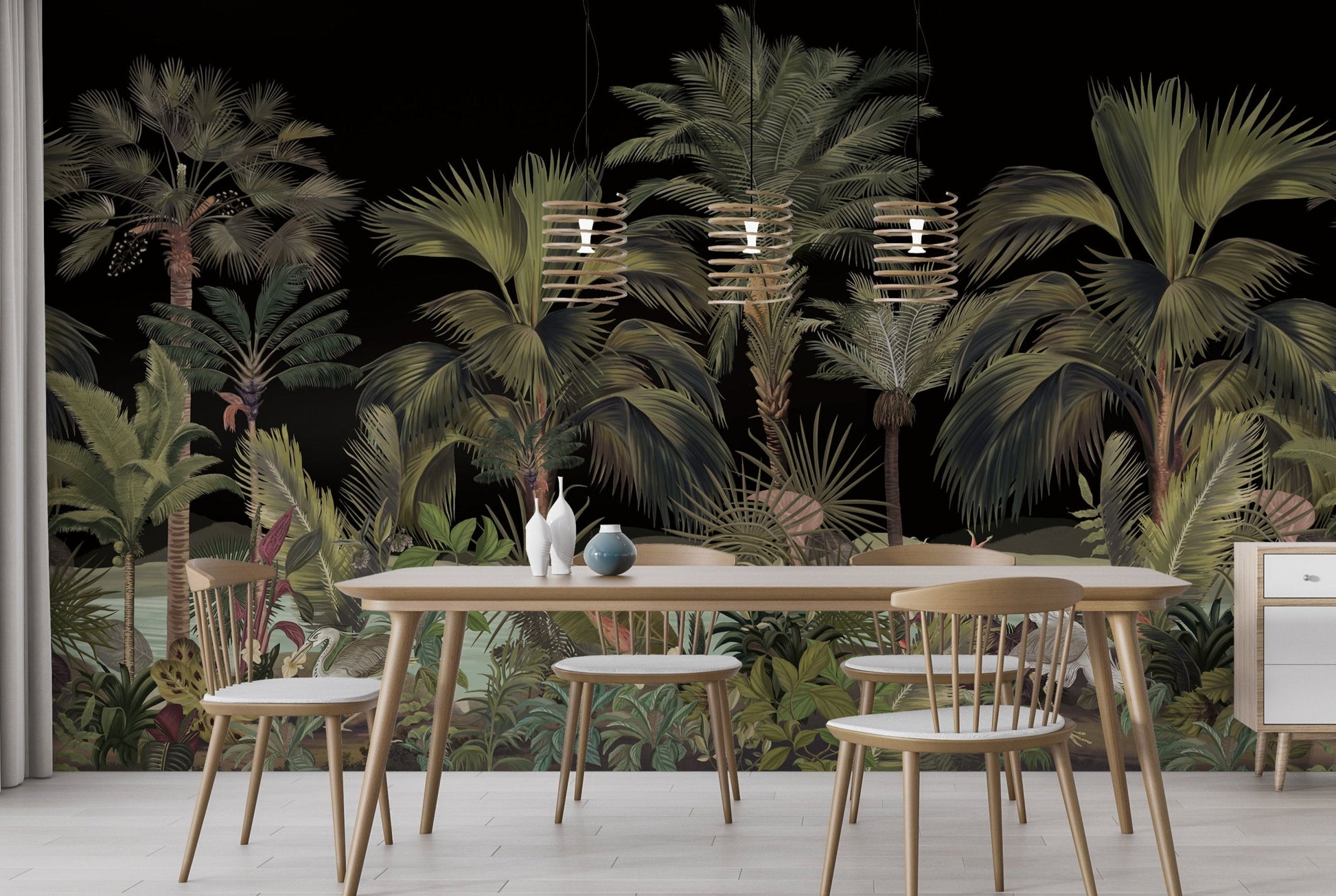 An architectural perspective of a contemporary foyer featuring the Exotic Palm Retreat Mural in Black Metal as a full-scale feature wall. The mural’s expansive botanical vista pairs strikingly with leather furniture and metallic accents, creating a peaceful and cultured interior sanctuary.