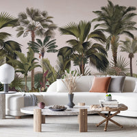 An architectural perspective of a contemporary foyer featuring the Exotic Palm Retreat Mural in Coconut Macaroon as a full-scale feature wall. The mural’s expansive botanical vista pairs elegantly with organic textures and natural wood finishes, creating a peaceful and cultured interior sanctuary.