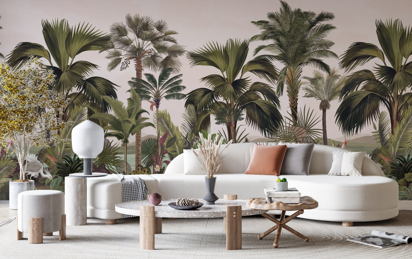 An architectural perspective of a contemporary foyer featuring the Exotic Palm Retreat Mural in Coconut Macaroon as a full-scale feature wall. The mural’s expansive botanical vista pairs elegantly with organic textures and natural wood finishes, creating a peaceful and cultured interior sanctuary.