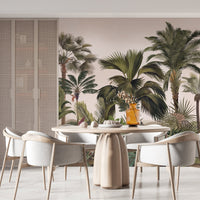 An architectural perspective of a contemporary foyer featuring the Exotic Palm Retreat Mural in Coconut Macaroon as a full-scale feature wall. The mural’s expansive botanical vista pairs elegantly with organic textures and natural wood finishes, creating a peaceful and cultured interior sanctuary.
