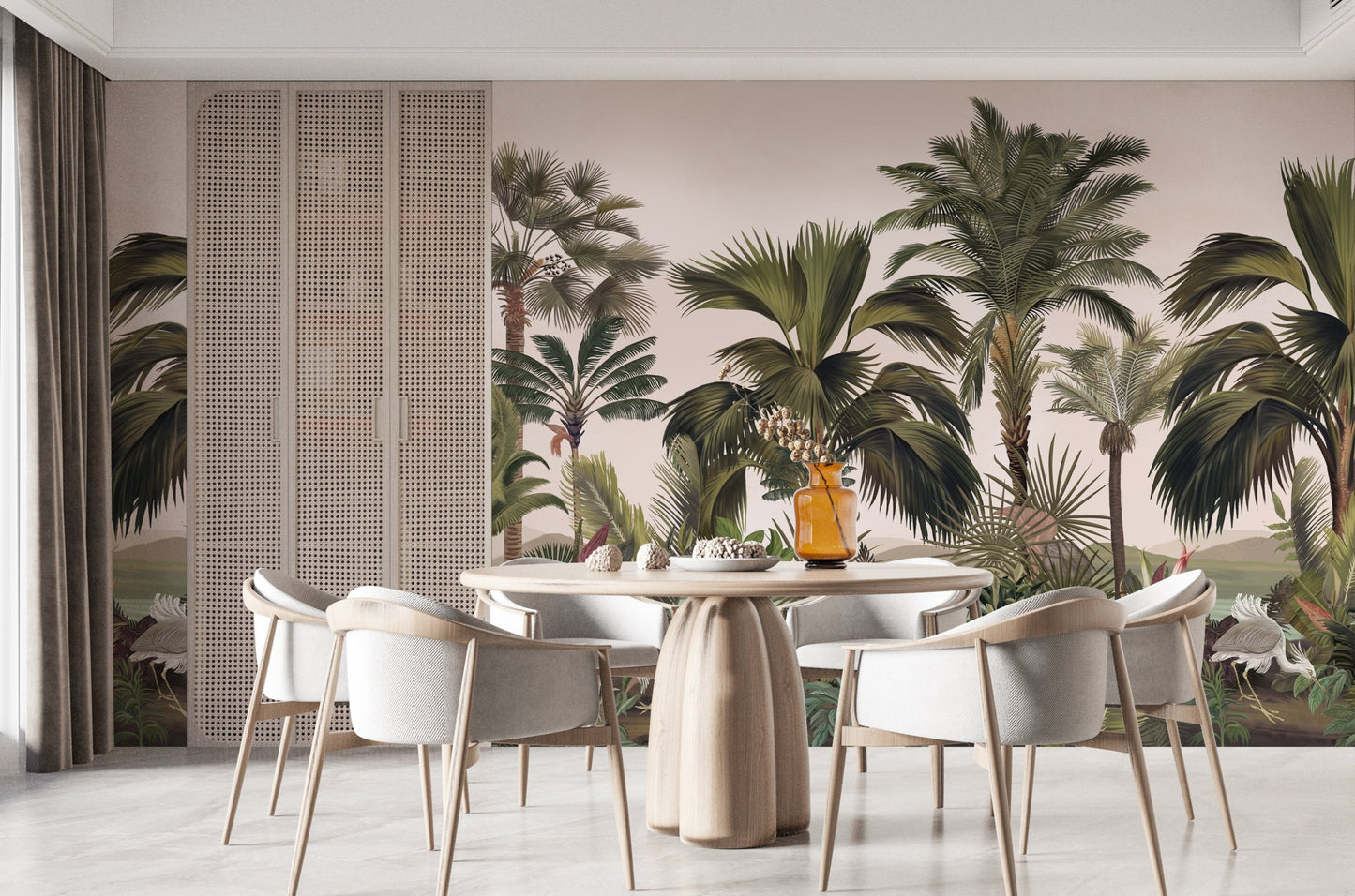 An architectural perspective of a contemporary foyer featuring the Exotic Palm Retreat Mural in Coconut Macaroon as a full-scale feature wall. The mural’s expansive botanical vista pairs elegantly with organic textures and natural wood finishes, creating a peaceful and cultured interior sanctuary.