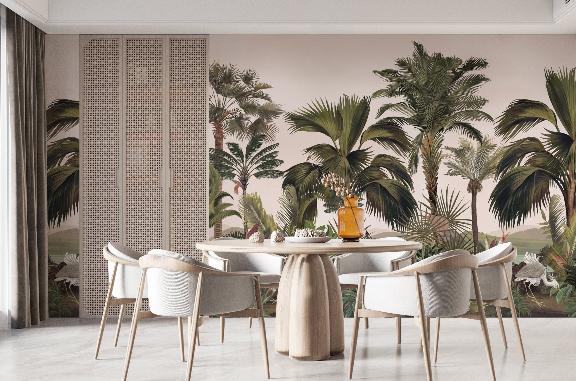 An architectural perspective of a contemporary foyer featuring the Exotic Palm Retreat Mural in Coconut Macaroon as a full-scale feature wall. The mural’s expansive botanical vista pairs elegantly with organic textures and natural wood finishes, creating a peaceful and cultured interior sanctuary.