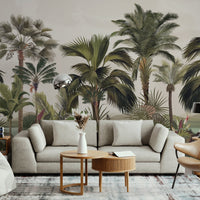 An architectural perspective of a contemporary foyer featuring the Exotic Palm Retreat Mural in Dove as a full-scale feature wall. The mural’s expansive botanical vista pairs elegantly with sleek stone surfaces and polished metal accents, creating a peaceful and cultured interior sanctuary.
