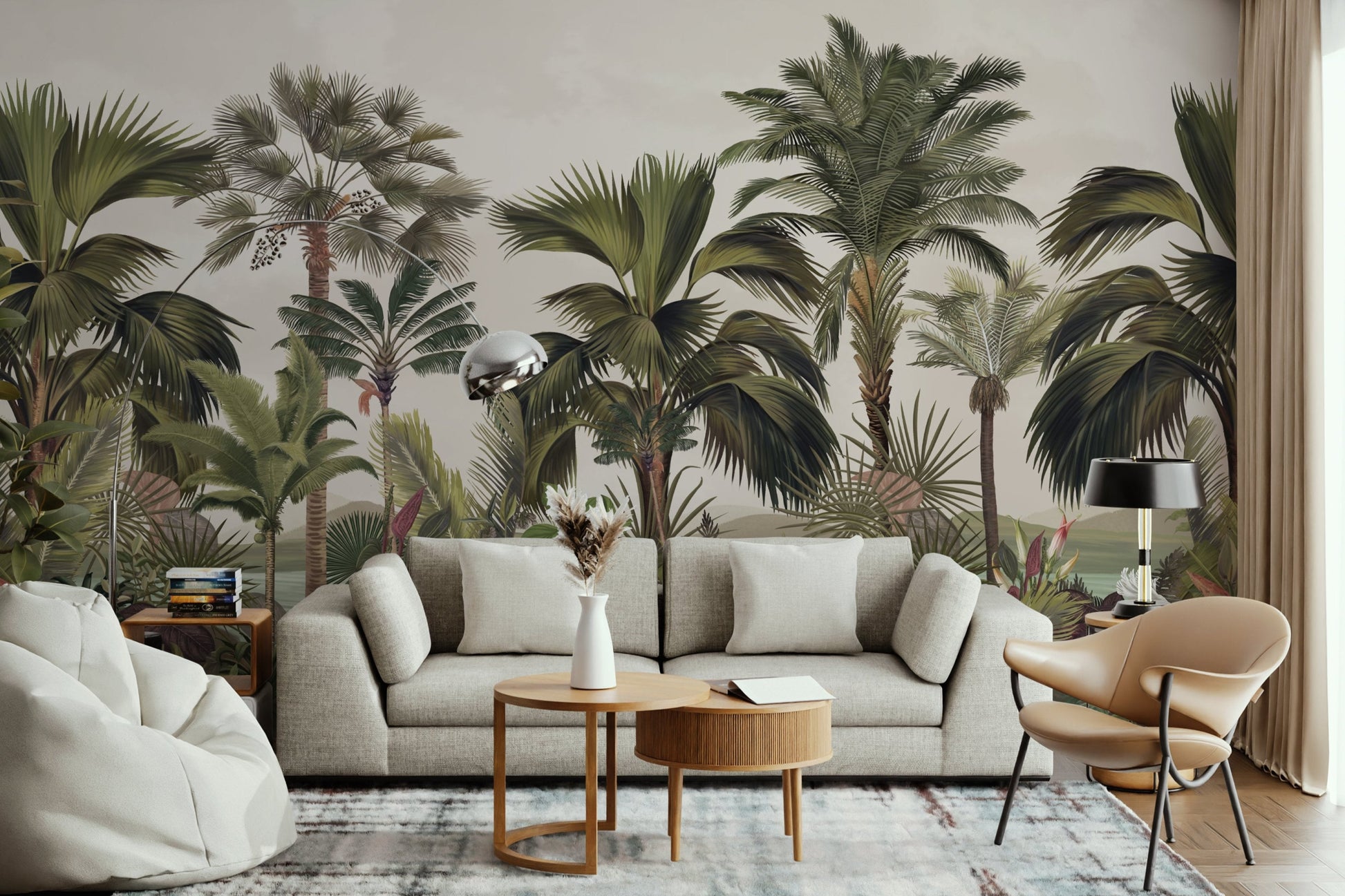 An architectural perspective of a contemporary foyer featuring the Exotic Palm Retreat Mural in Dove as a full-scale feature wall. The mural’s expansive botanical vista pairs elegantly with sleek stone surfaces and polished metal accents, creating a peaceful and cultured interior sanctuary.